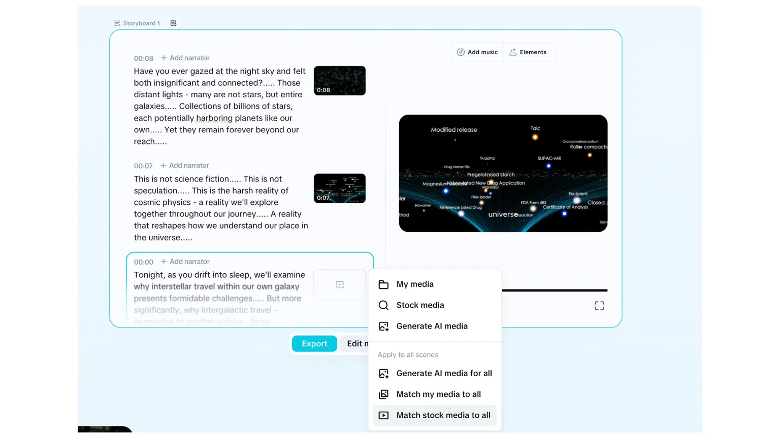 CapCut's script-to-video editor with the narration broken into timestamped scenes down the left side, a preview of the matched footage, and the media menu open on the options to use my own media, stock media or generated AI media