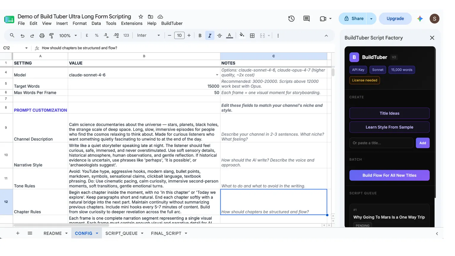 The script factory running as a sidebar inside a Google Sheet, with a config tab holding the model, a 15,000 word target, and the editable prompts for channel description, narrative style, tone rules and chapter rules