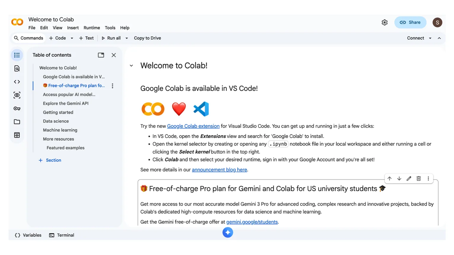 The Google Colab welcome notebook open in a browser, showing the table of contents sidebar and the getting started sections