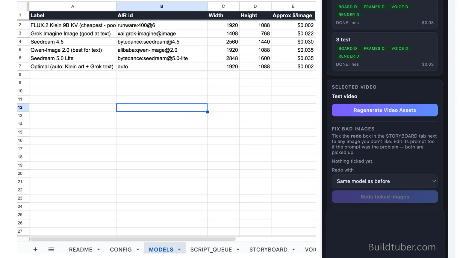 A models tab listing each available image model with its Runware AIR id, output resolution and approximate cost per image: FLUX.2 Klein at $0.002, Grok Imagine at $0.022, Seedream 4.5 at $0.030, Qwen-Image 2.0 and Seedream 5.0 Lite at $0.035