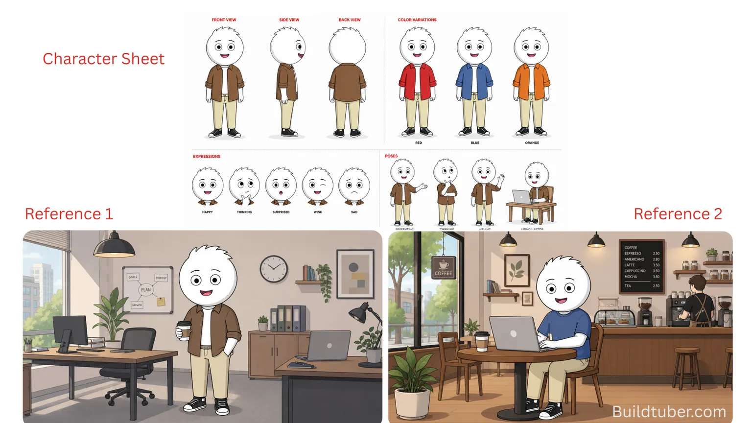 A character sheet showing the stickman in front, side and back view, in three shirt colours, with a row of facial expressions and a row of poses. Below it, two finished scenes labelled Reference 1 and Reference 2: the character in an office and in a coffee shop, establishing the colour palette and background style