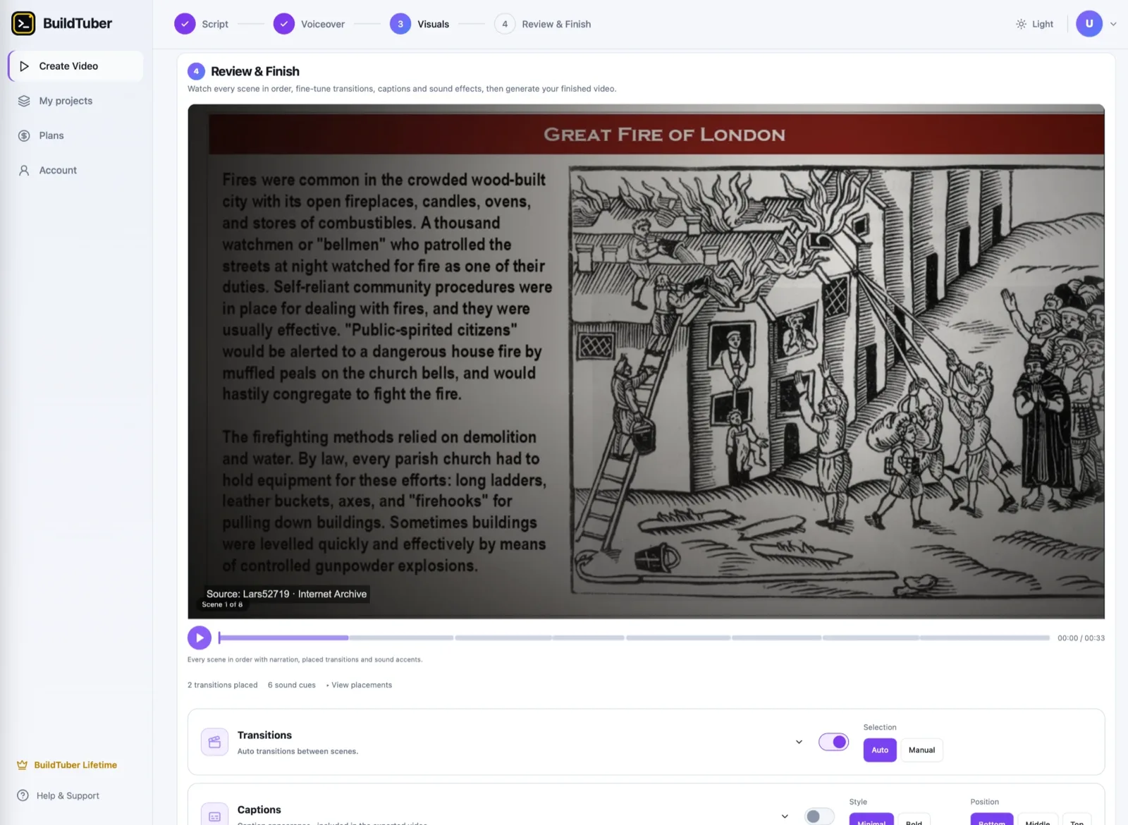 The Review and Finish step, playing the assembled video scene by scene with transition and caption controls below it.