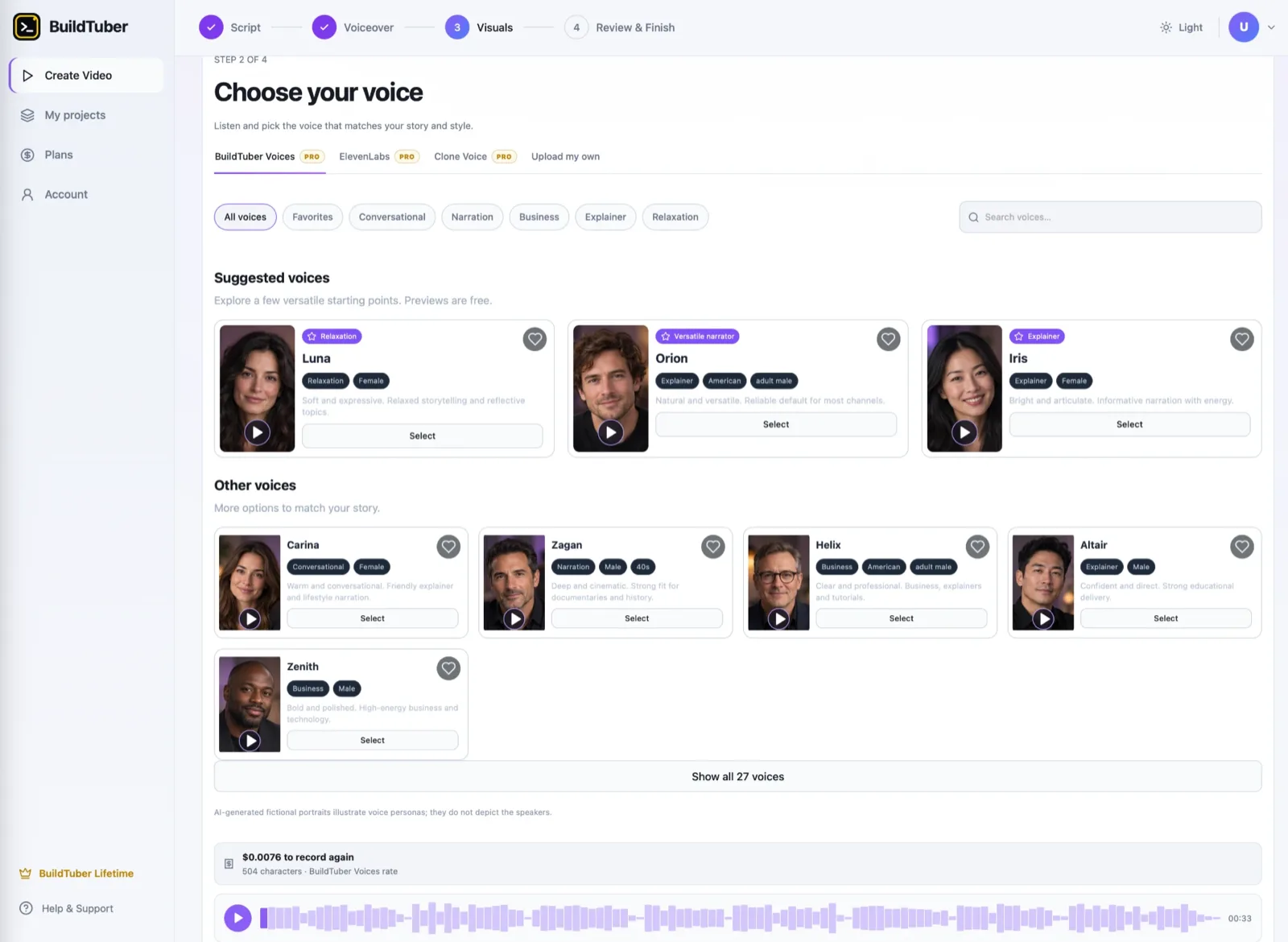 The Choose your voice step, showing voice cards with category tags and a generated narration waveform.