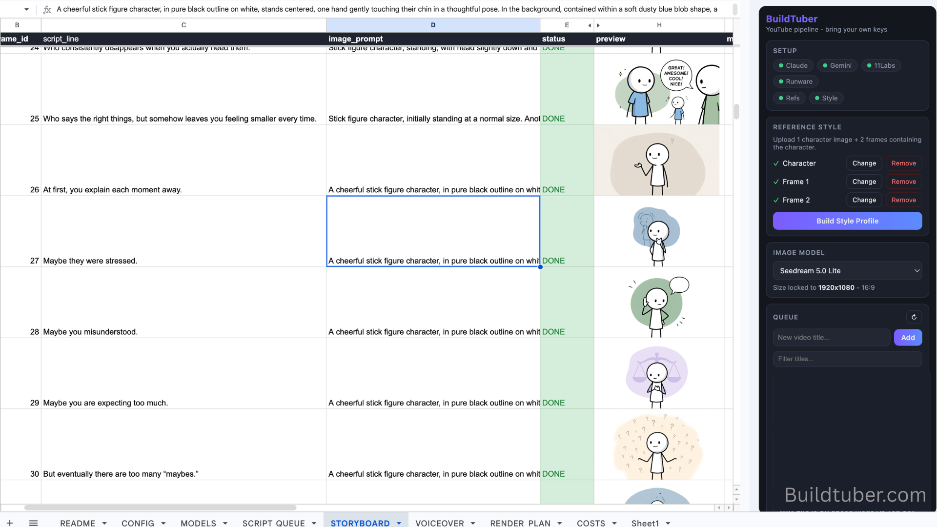 The Faceless YouTube Script to Video Generator: the storyboard sheet with one row per scene holding the narrated line, the generated image prompt and an inline preview of the rendered frame, beside the sidebar for reference images, model choice and the video queue.